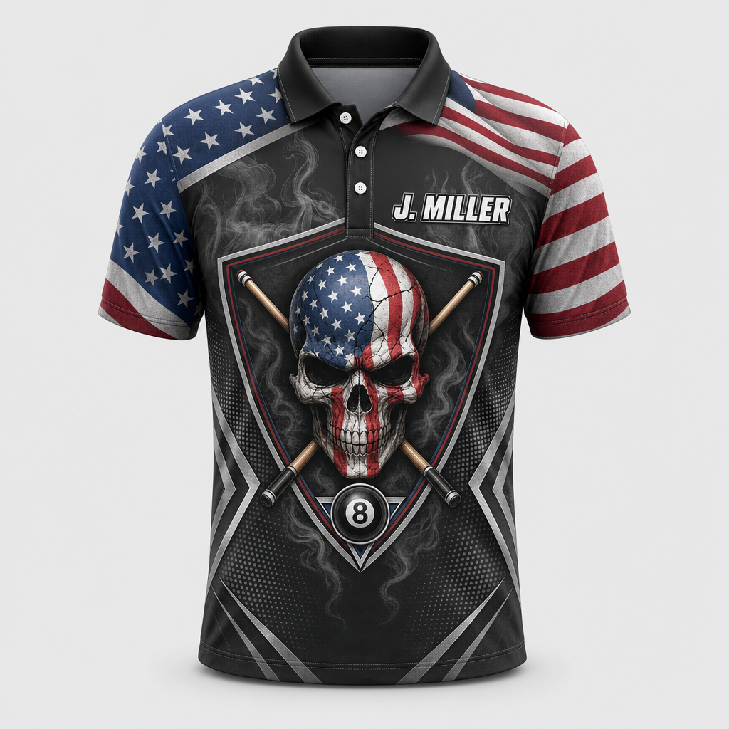 Patriotic Billiards Skull AOP Polo – Personalized Name & Team - Hero