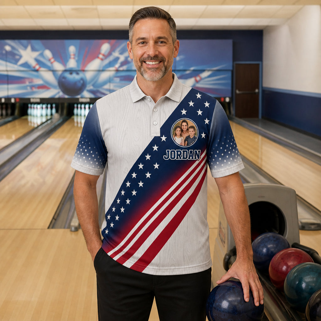 Custom Bowling Team Polo – Patriotic Varsity Crest - Lifestyle 2