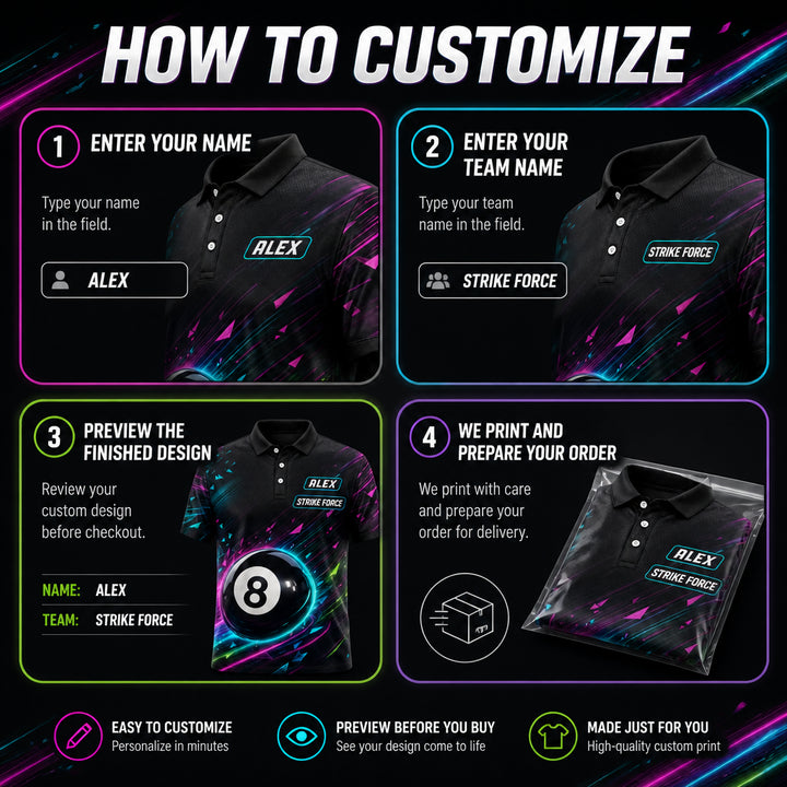 Custom Neon 8-Ball Billiards Team Polo – Team Name & Player Name - How to customize