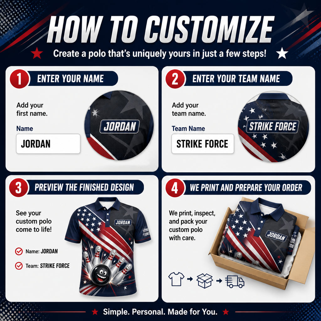 Patriotic Bowling Team AOP Polo – Custom Name & Team - How to customize