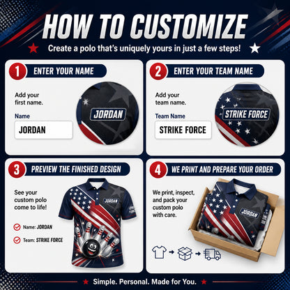 Patriotic Bowling Team AOP Polo – Custom Name & Team - How to customize
