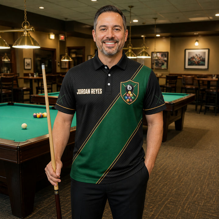 Custom Billiards Team AOP Polo – Player Name Front, Team Name Back - Lifestyle 2