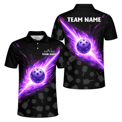 Personalized Pickleball Polo Shirt Purple Fire Ball Custom Team Name Performance Shirt All Over Print