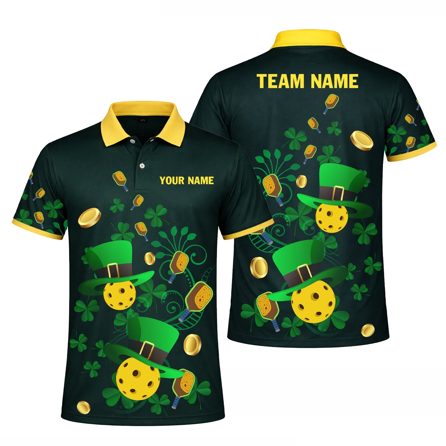 Custom Pickleball Polo Shirt St Patrick Day Personalized Name Team Green Pickleball Shirt Lucky Shamrock Performance Polo