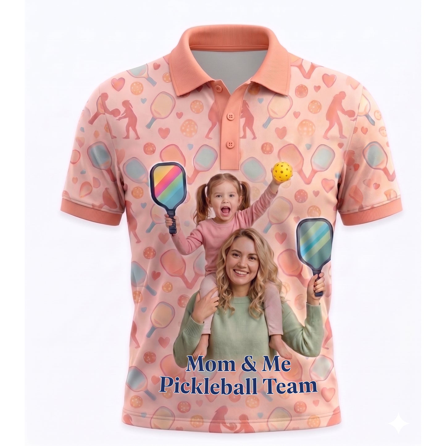 Mom & Me Custom Photo Pickleball Polo Shirt Peach Family