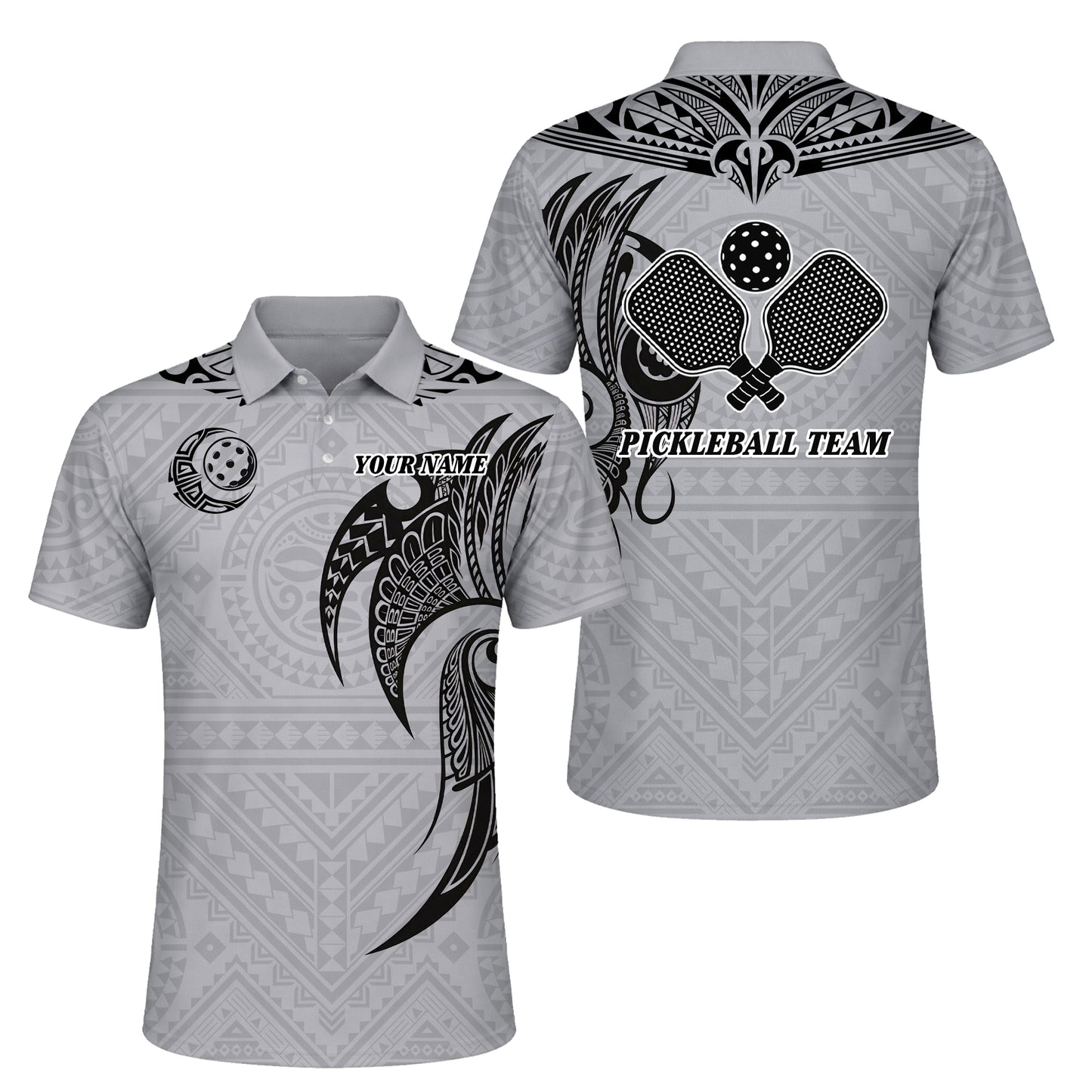 Pickleball Polo Shirt Custom Name Polynesian Tribal Style Performance Shirt Grey
