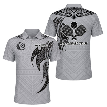 Pickleball Polo Shirt Custom Name Polynesian Tribal Style Performance Shirt Grey