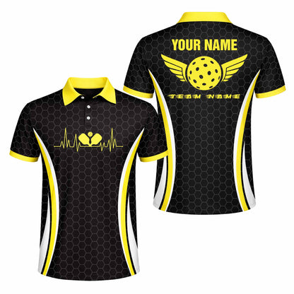 Custom Pickleball Polo Shirt Heartbeat Paddle Design Personalized Name Team Jersey Performance Unisex Shirt Black Yellow