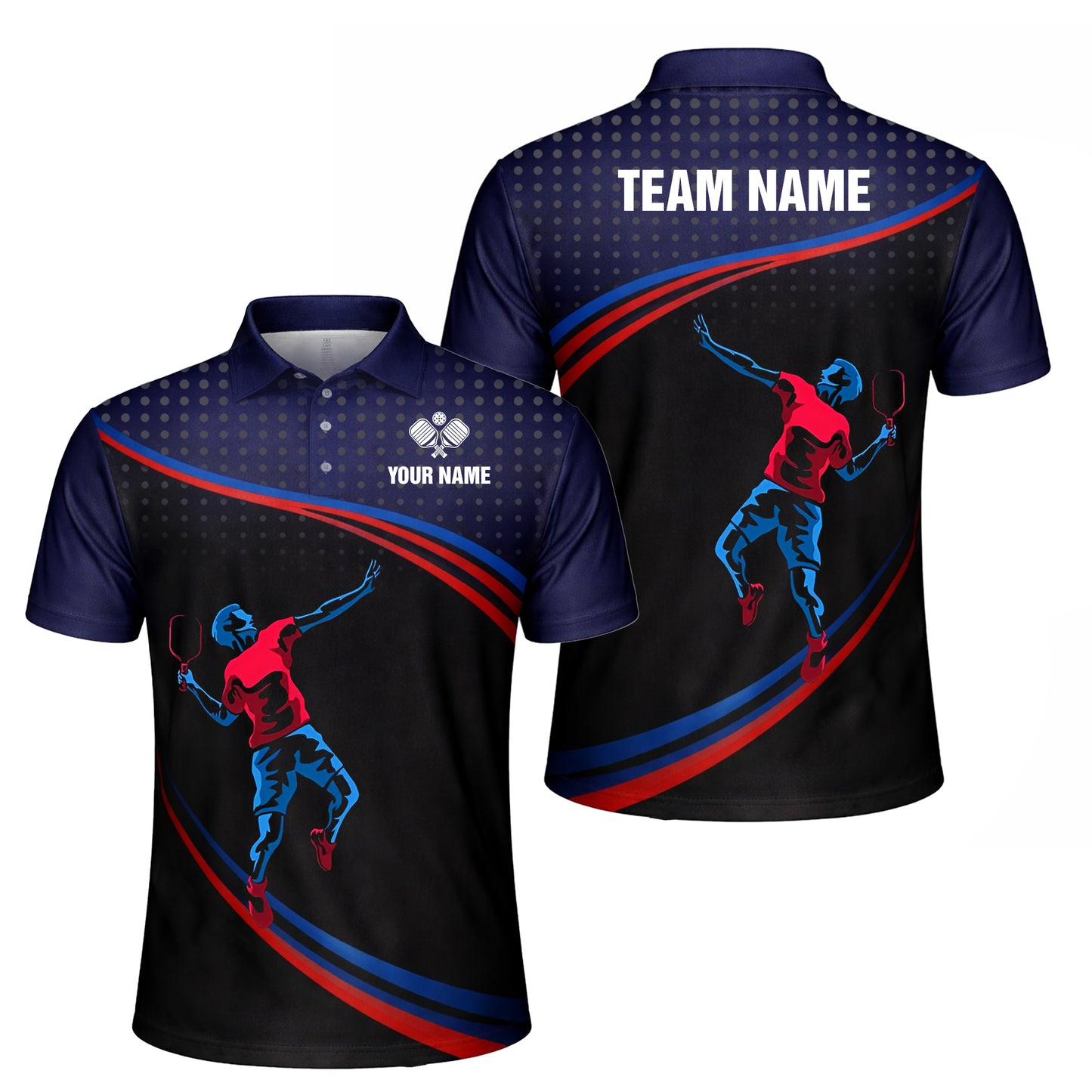 Pickleball Polo Shirt Personalized Name Men Women Sport Performance Polo Blue Red Player Design