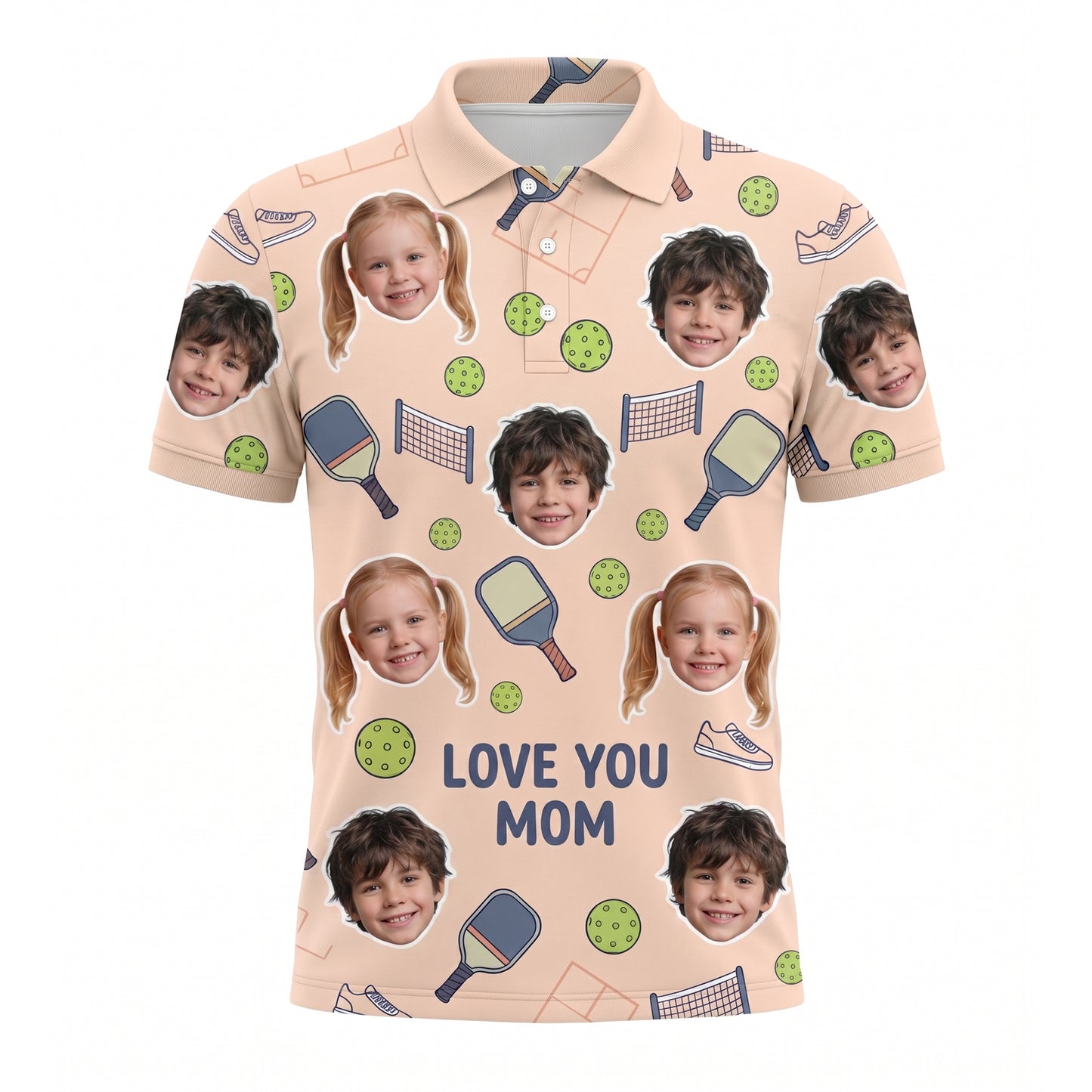 Love You Mom Custom Kids Photo Pickleball Polo Peach