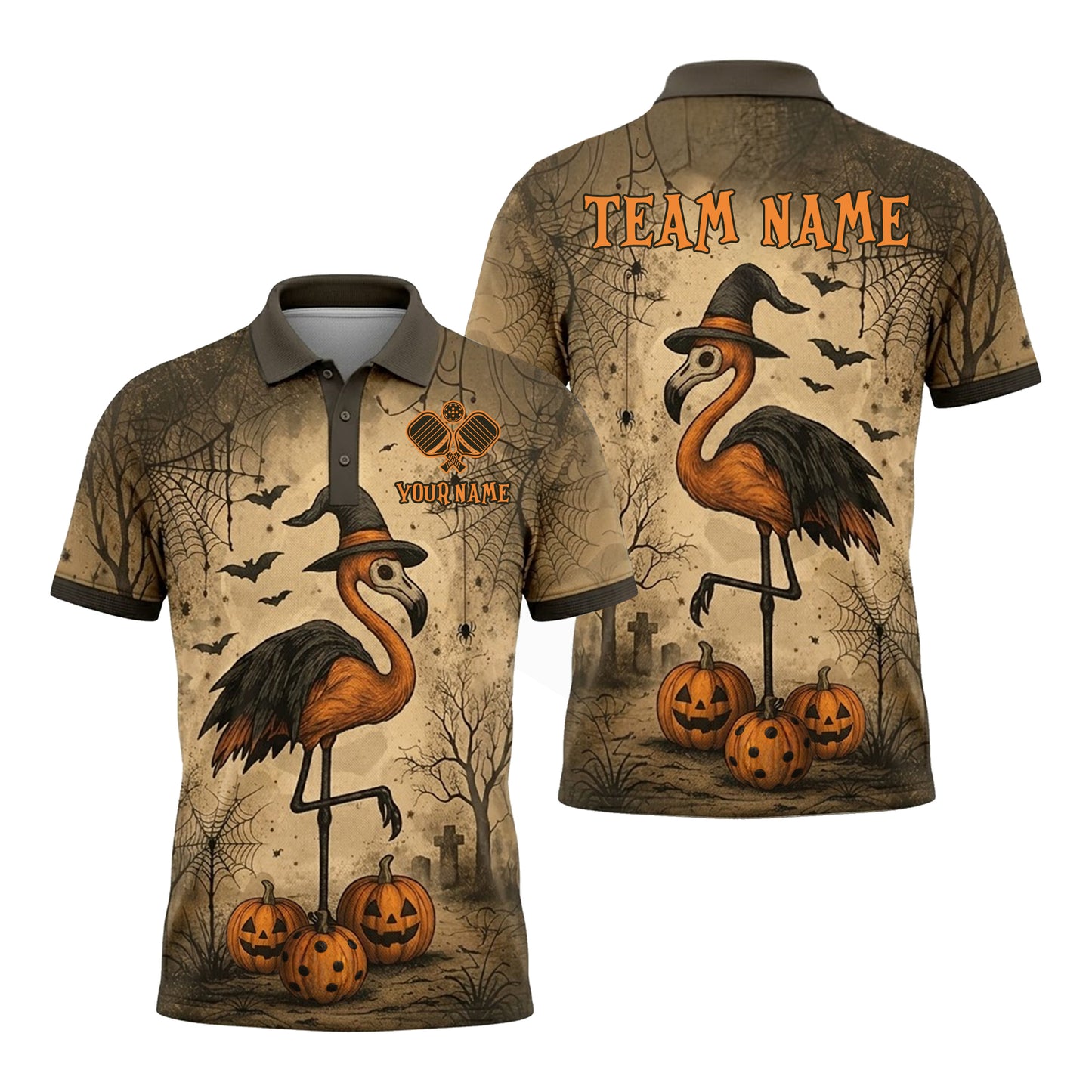 Halloween Flamingo Pickleball Polo Shirt Custom Name Team Spooky Pumpkin Performance Polo
