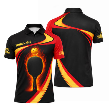 Personalized Pickleball Polo Shirt Flame Paddle Graphic Custom Name Breathable Sport Performance Tee