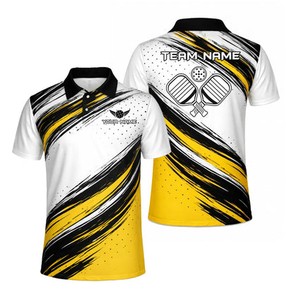 Custom Pickleball Polo Shirt Yellow Black White Brush Stroke Personalized Team Shirt Performance Polo