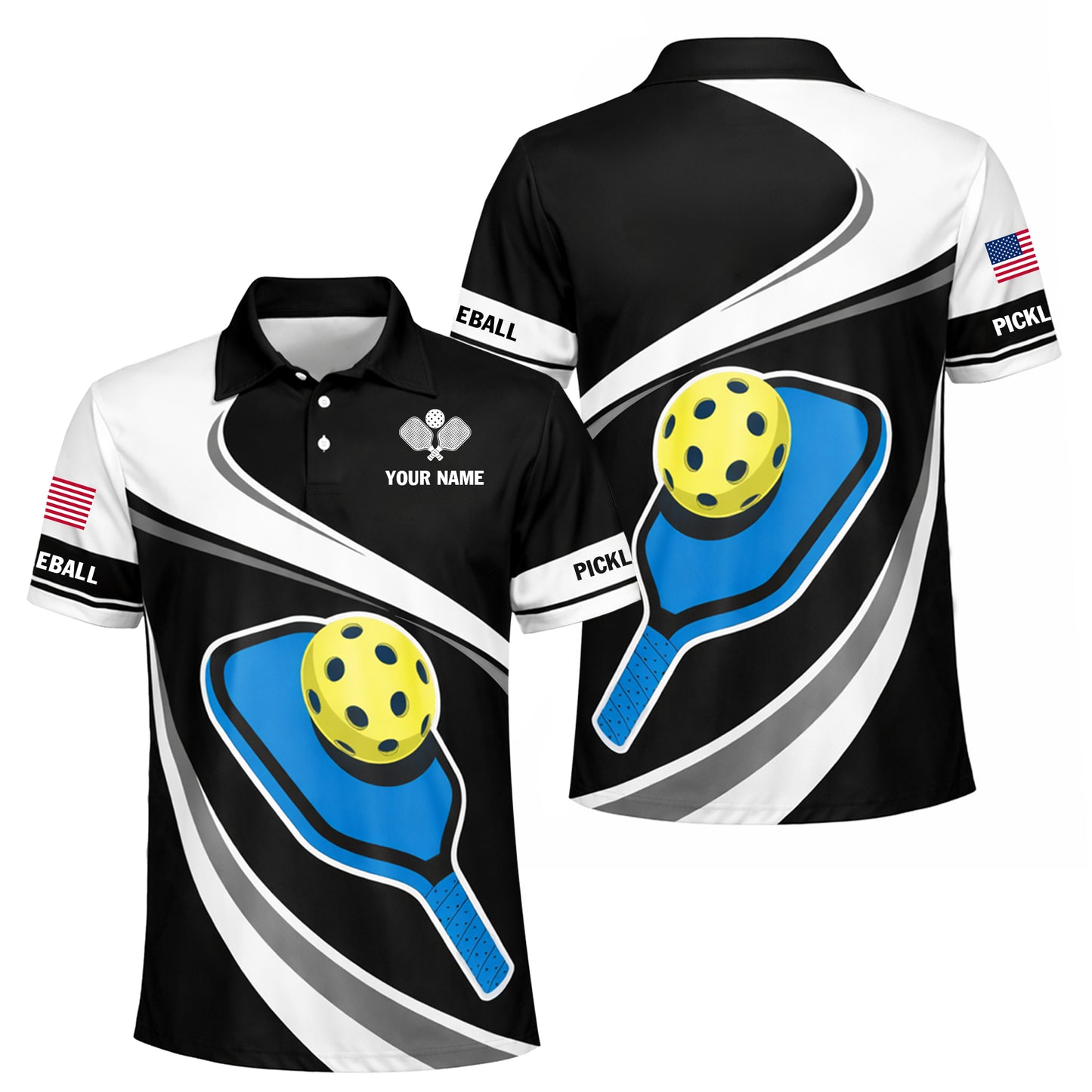 Pickleball Polo Shirt Personalized Name Unisex Black White Paddle Ball Graphic Performance Polo