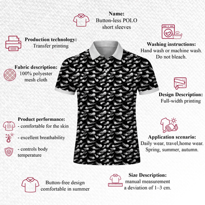 Black & White Golf Polo Shirt – Abstract Ball Pattern All Over Print
