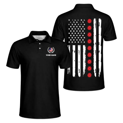 Pickleball Polo Shirt American Flag Design Personalized Name Performance Polo Black