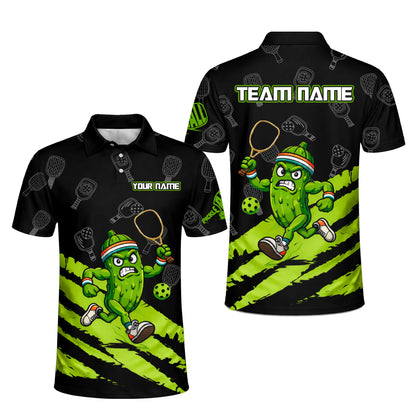 Pickleball Polo Shirt Funny Pickle Player Cartoon Custom Team Name Black Green Sport Design Unisex