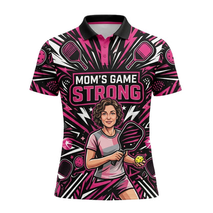 Moms Game Strong Pickleball Polo Shirt for Women Pink
