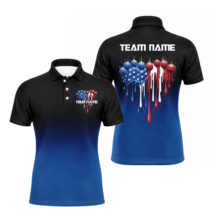 Men's Patriotic Pickleball Polo Shirt Personalized Team Name American Flag Pickleball Balls Custom Short Sleeve Golf Polo Black Blue Gradient