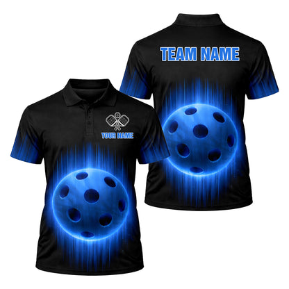 Personalized Pickleball Polo Shirt Men Custom Name Team Glowing Blue Ball Lightning Design Moisture Wicking Polyester Black Blue Short Sleeve Tee