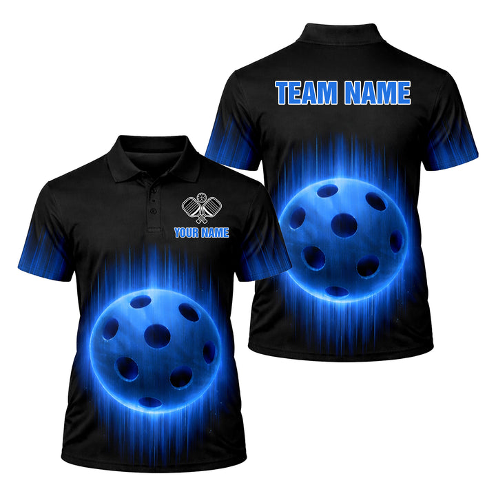 Personalized Pickleball Polo Shirt Men Custom Name Team Glowing Blue Ball Lightning Design Moisture Wicking Polyester Black Blue Short Sleeve Tee