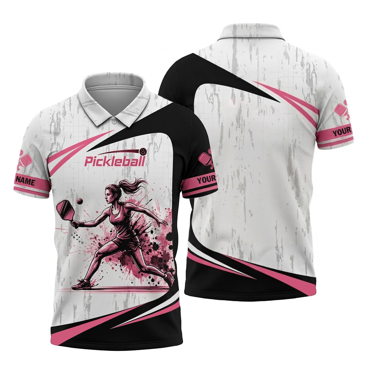Custom Pickleball Polo Shirt Women Personalized Name Pink Black Athletic Performance All Over Print Shirt