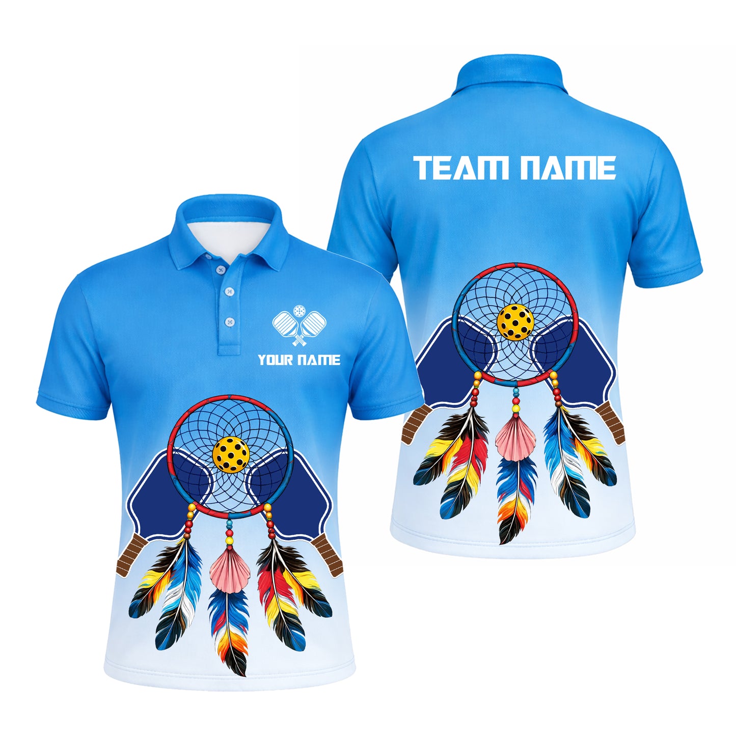 Custom Pickleball Polo Shirt Personalized Name Dreamcatcher Paddle Team Shirt Blue Gradient Performance Polo