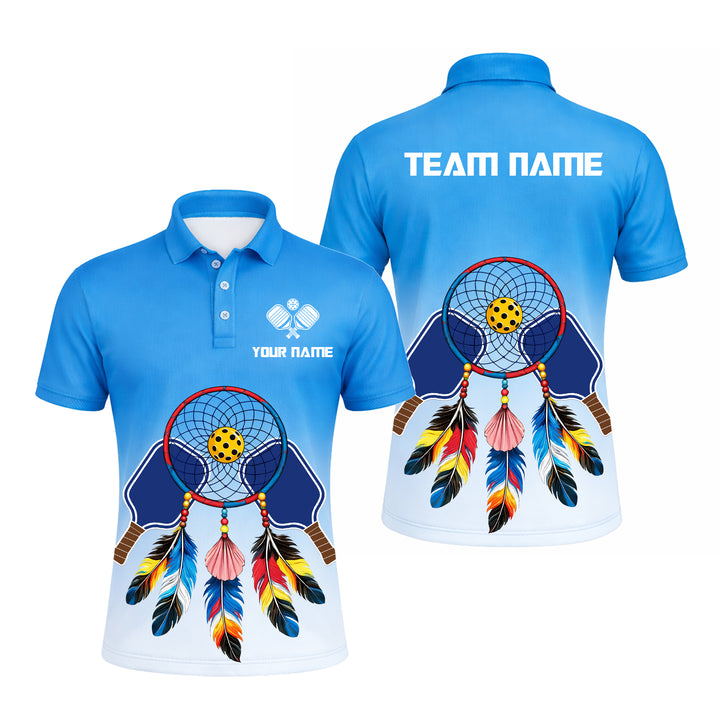 Custom Pickleball Polo Shirt Personalized Name Dreamcatcher Paddle Team Shirt Blue Gradient Performance Polo