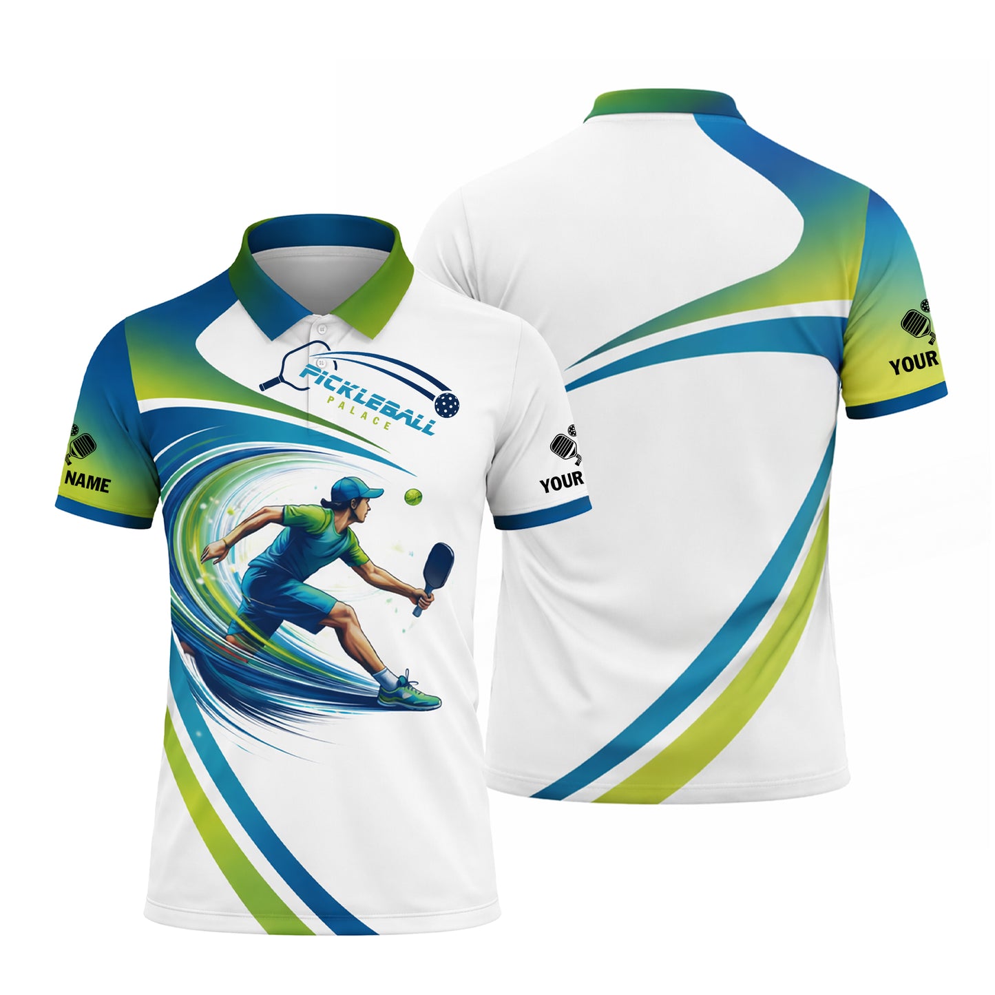 Custom Pickleball Polo Shirt Dynamic Player Graphic Personalized Name Performance Sport Shirt White Blue Green