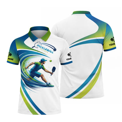 Custom Pickleball Polo Shirt Dynamic Player Graphic Personalized Name Performance Sport Shirt White Blue Green