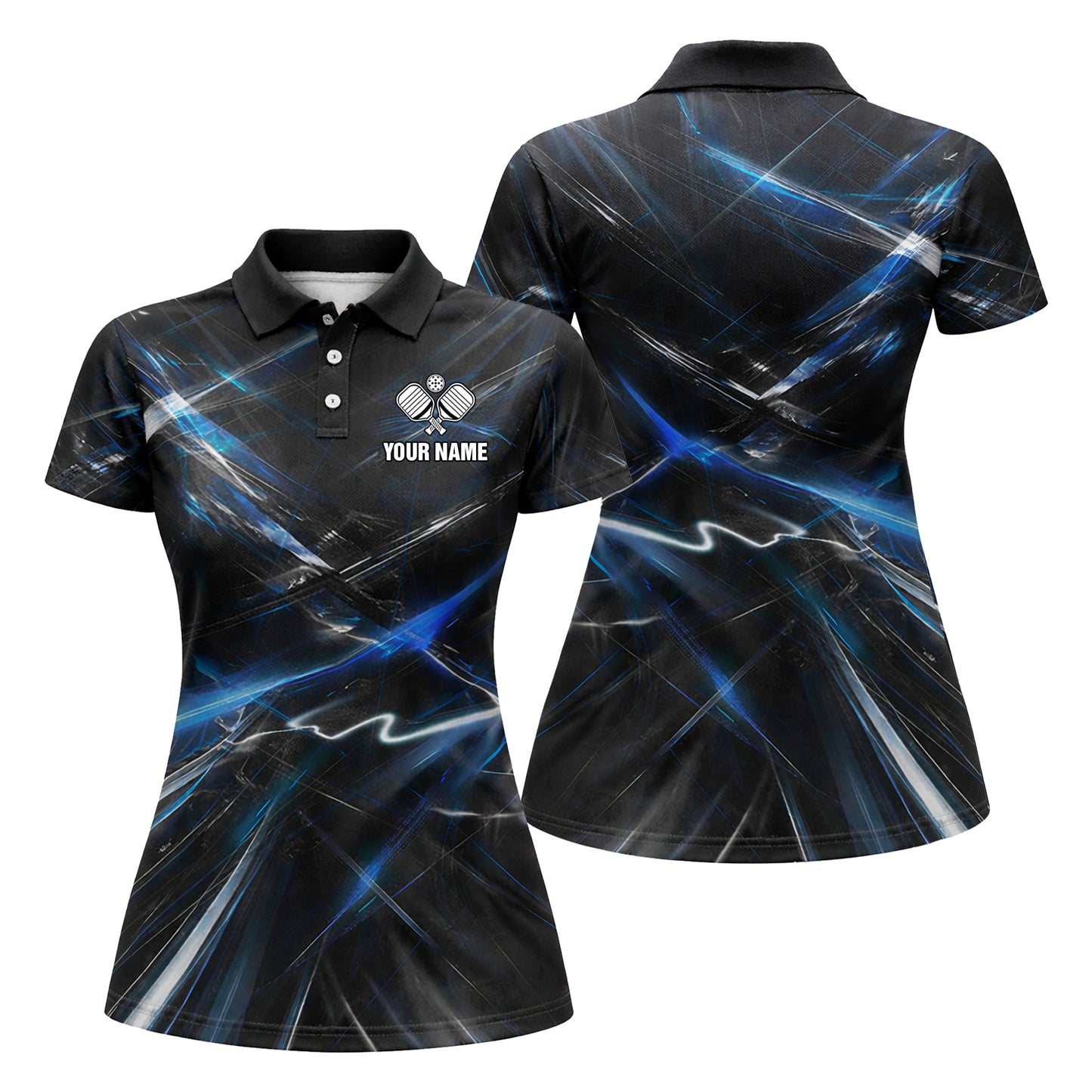 Personalized Pickleball Polo Shirt Blue Lightning Abstract Design Custom Name Athletic Performance Shirt