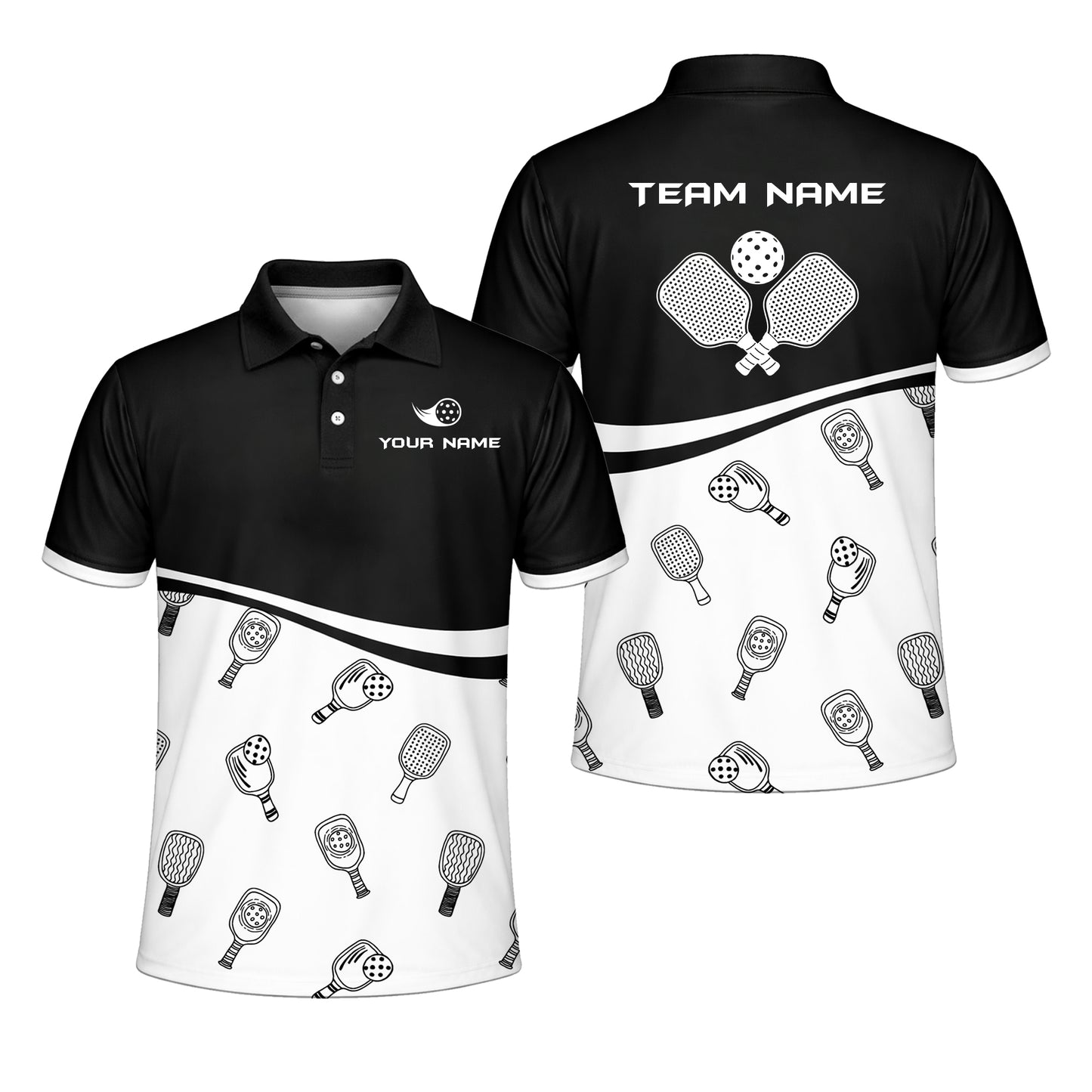 Custom Pickleball Polo Shirt Black White Paddle Pattern Personalized Name Team Shirt