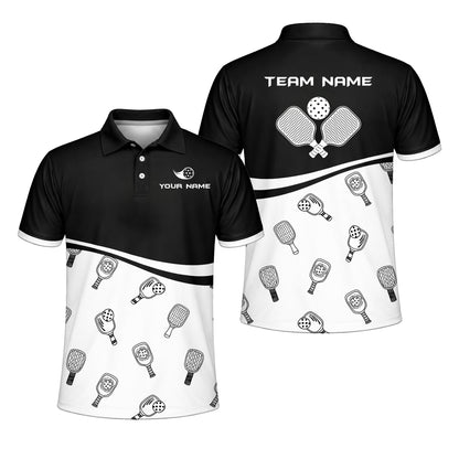 Custom Pickleball Polo Shirt Black White Paddle Pattern Personalized Name Team Shirt