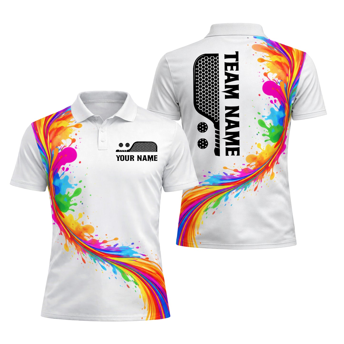 Colorful Splash Pickleball Polo Shirt Men Custom Name Team Paddle Art White Personalized