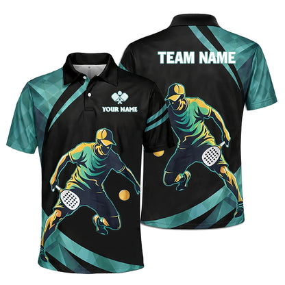 Pickleball Polo Shirt Custom Name Team Name Black Teal Performance Athletic Shirt