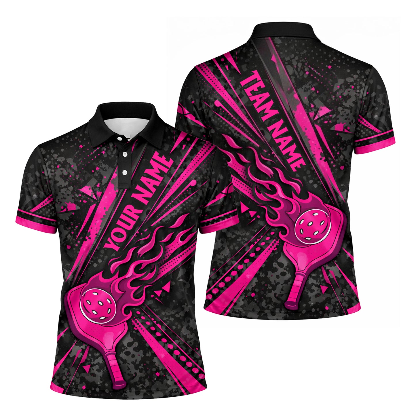 Custom Pickleball Polo Shirt Pink Flame Paddle Design Personalized Name Team Shirt Breathable Performance