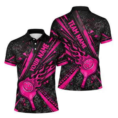 Custom Pickleball Polo Shirt Pink Flame Paddle Design Personalized Name Team Shirt Breathable Performance