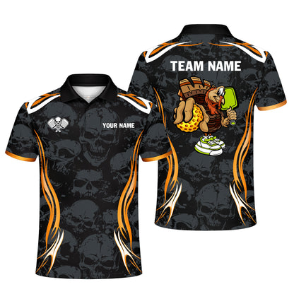 Funny Pickleball Turkey Polo Shirt Personalized Team Name Skull Pattern Performance Polo
