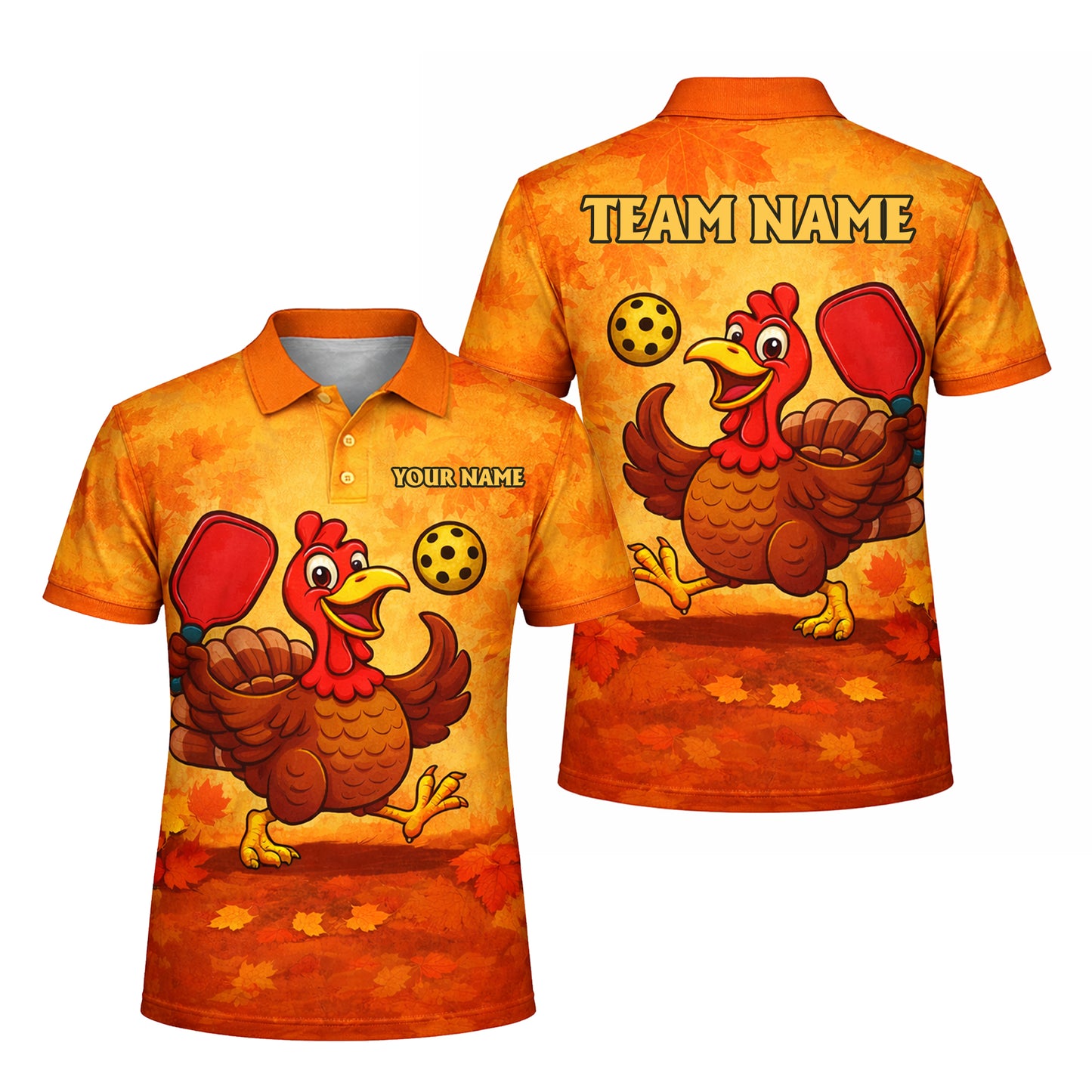 Funny Turkey Pickleball Polo Shirt Custom Name Team Shirt Thanksgiving Pickleball Outfit Breathable Mesh Top