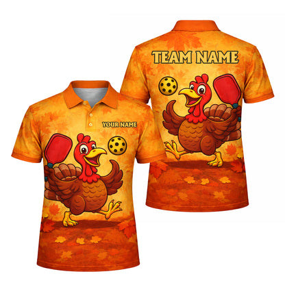 Funny Turkey Pickleball Polo Shirt Custom Name Team Shirt Thanksgiving Pickleball Outfit Breathable Mesh Top