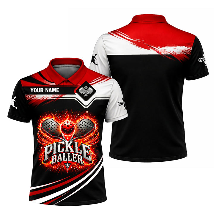 Pickle Baller Fire Polo Shirt Personalized Name Pickleball Performance Shirt Red Black