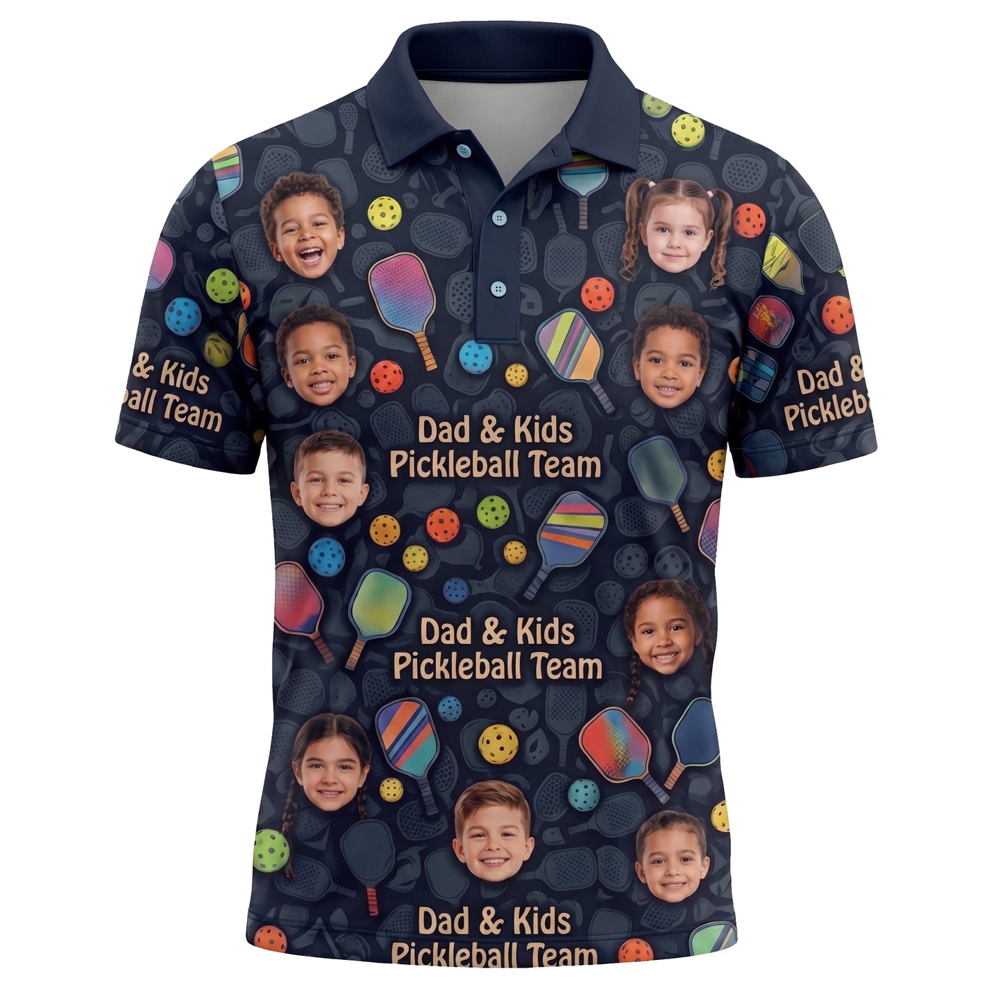 Dad & Kids Pickleball Team Custom Photo Polo Navy