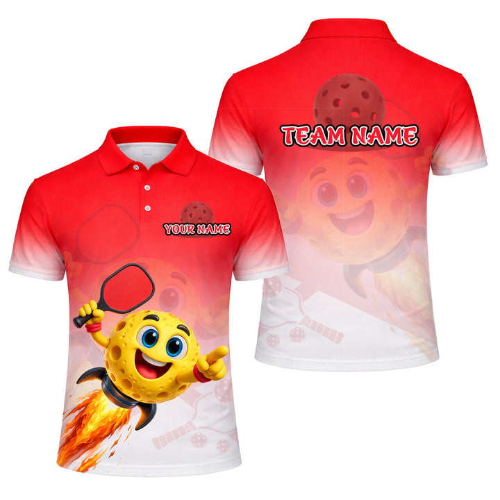 Men's Custom Pickleball Polo Shirt Funny Cartoon Ball Rocket Design Personalized Name Team Short Sleeve Red White Polyester Polo