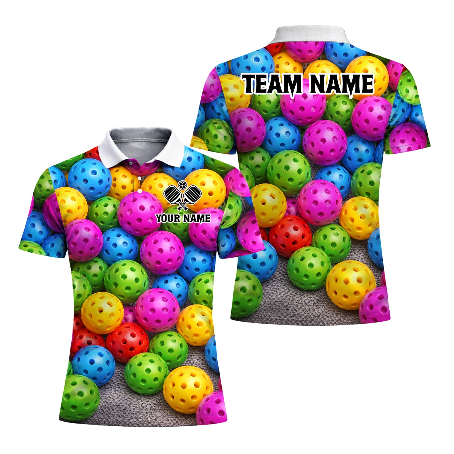 Personalized Pickleball Polo Shirt for Men, Custom Name & Team Colorful Pickleball Balls 3D Print Short Sleeve Golf Polo