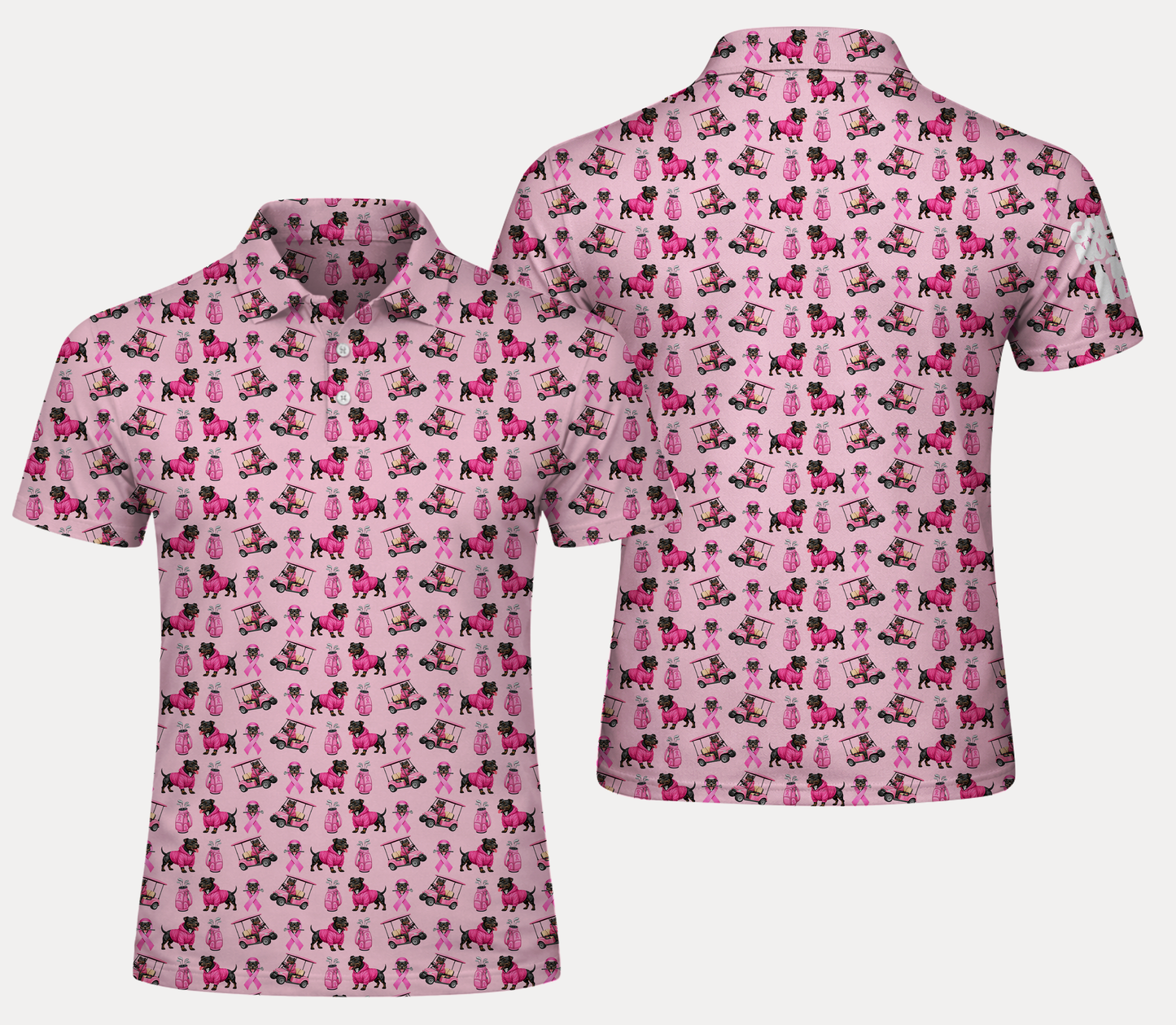 Pink Golf Polo Shirt with Dog Print – Breast Cancer Awareness Ribbon All Over Print Polo