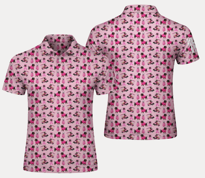 Pink Golf Polo Shirt with Dog Print – Breast Cancer Awareness Ribbon All Over Print Polo