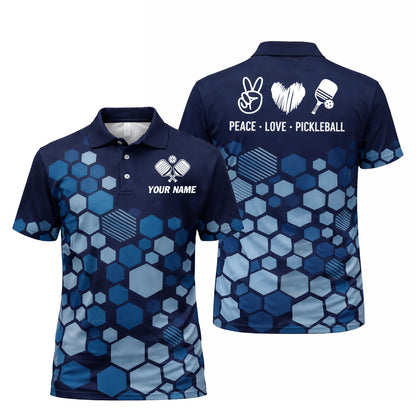 Custom Pickleball Polo Shirt Blue Hexagon Personalized Name Performance Pickleball Shirt Men Women