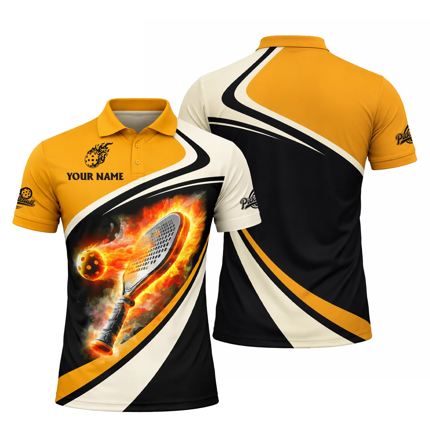 Custom Pickleball Polo Shirt Flaming Paddle Design Personalized Name Performance Sports Shirt Black Gold