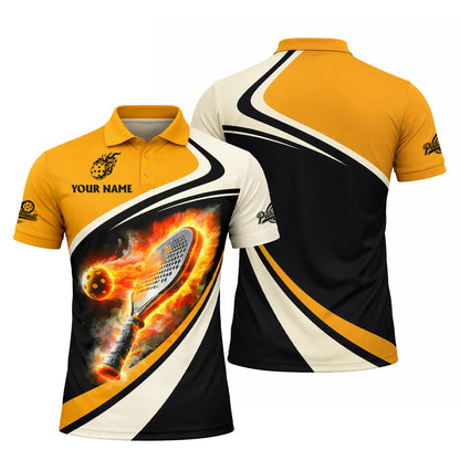 Custom Pickleball Polo Shirt Flaming Paddle Design Personalized Name Performance Sports Shirt Black Gold