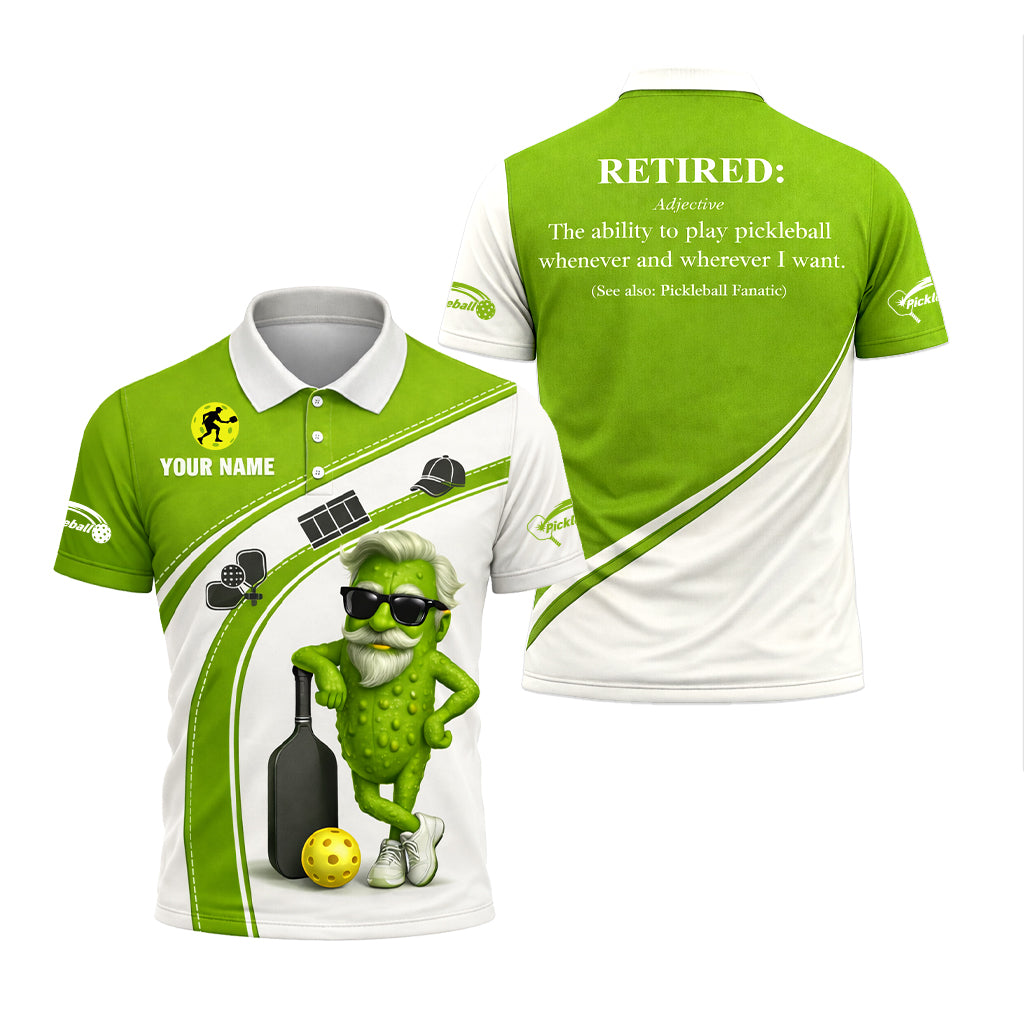 Funny Pickleball Polo Shirt Custom Name Cool Pickle Character Green White